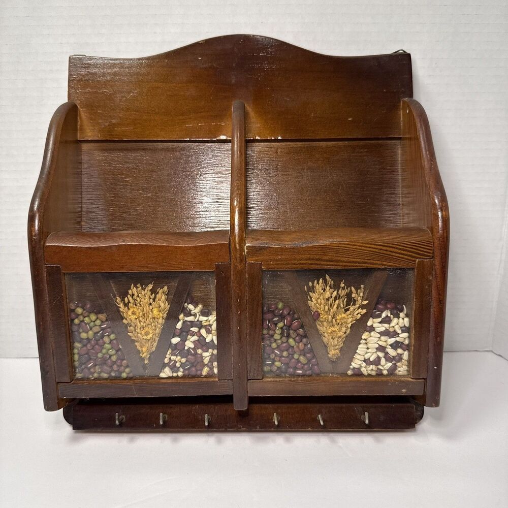 Vintage 1970s Gailstyn Wood Mail & Key Holder Wall Organizer Seed Wheat 11x10w